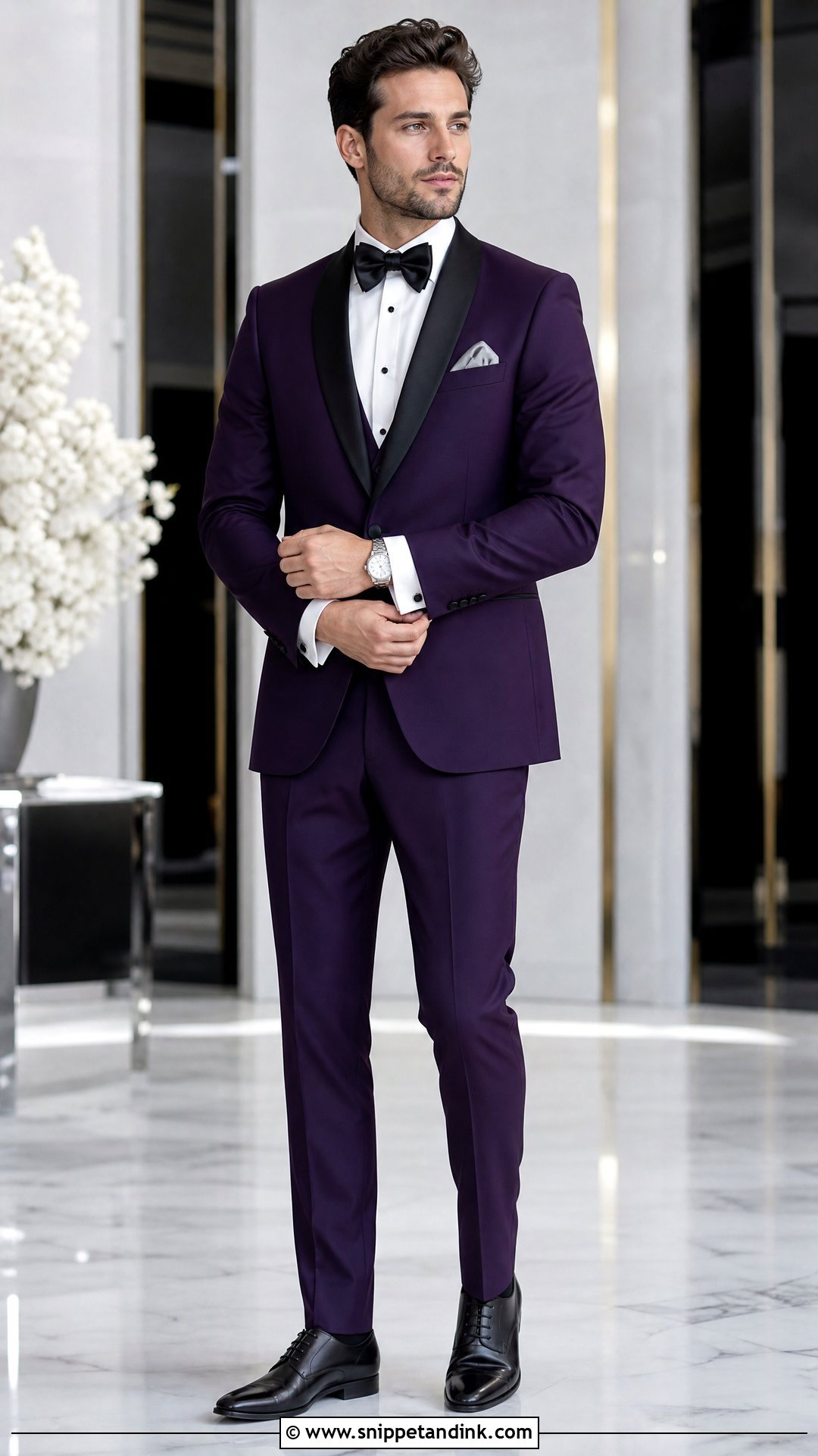 Purple Tuxedo With Silver Accessories - Snippet and Ink - 20 Purple Tuxedo Wedding Ideas