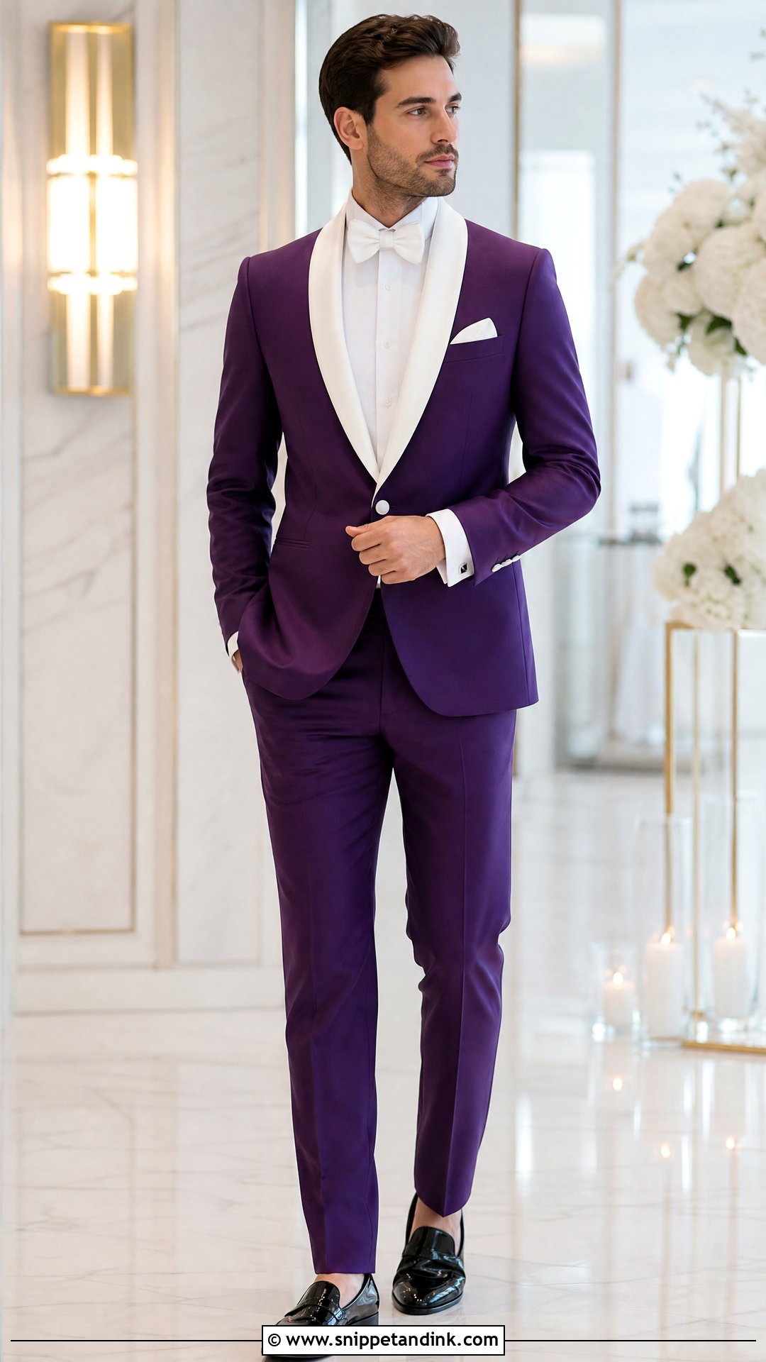 Purple Tuxedo With White Dinner Jacket Details - Snippet and Ink - 20 Purple Tuxedo Wedding Ideas