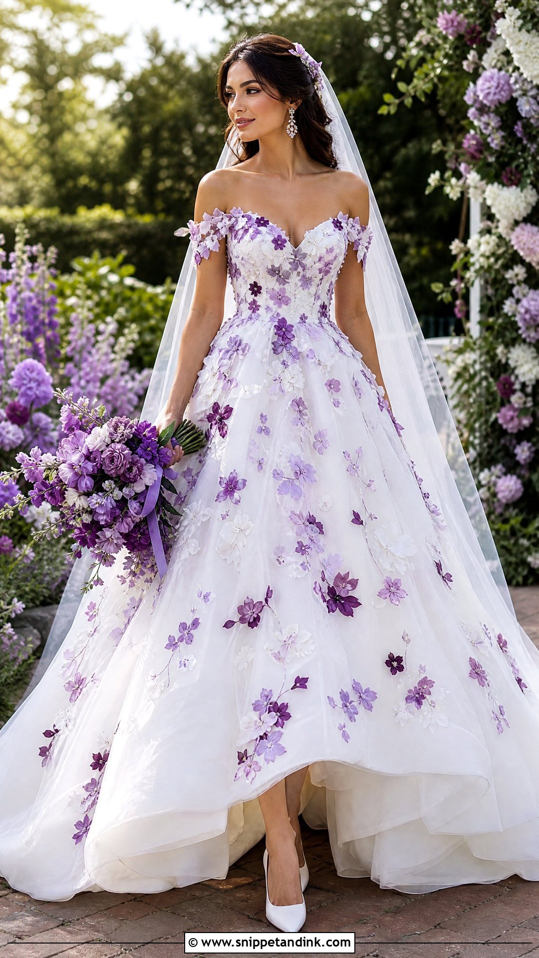 Purple and White Floral Applique Ball Gown - Snippet and Ink - 25 Purple and White Wedding Dress Ideas