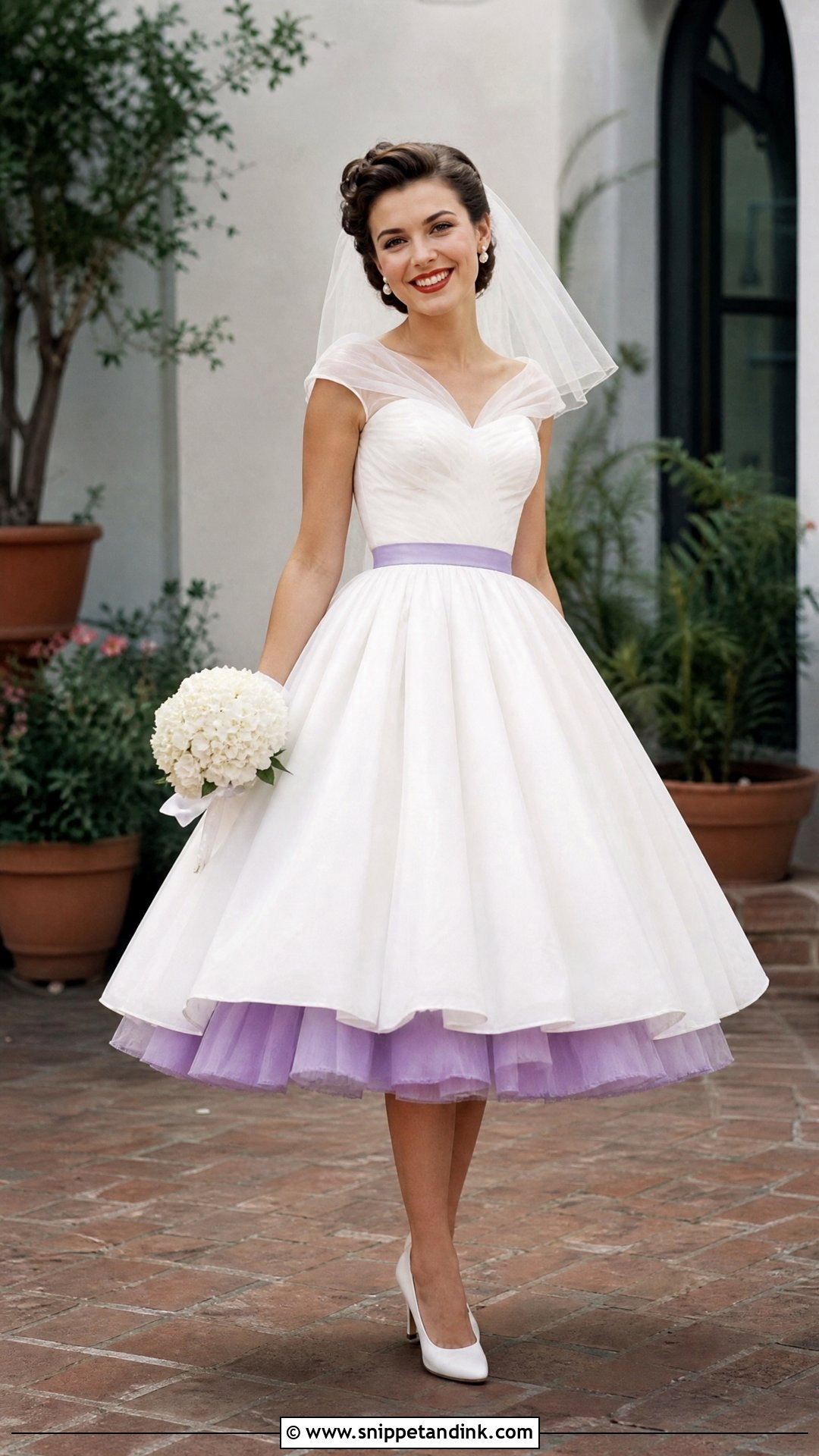 Purple and White Tea Length Wedding Dress - Snippet and Ink - 25 Purple and White Wedding Dress Ideas