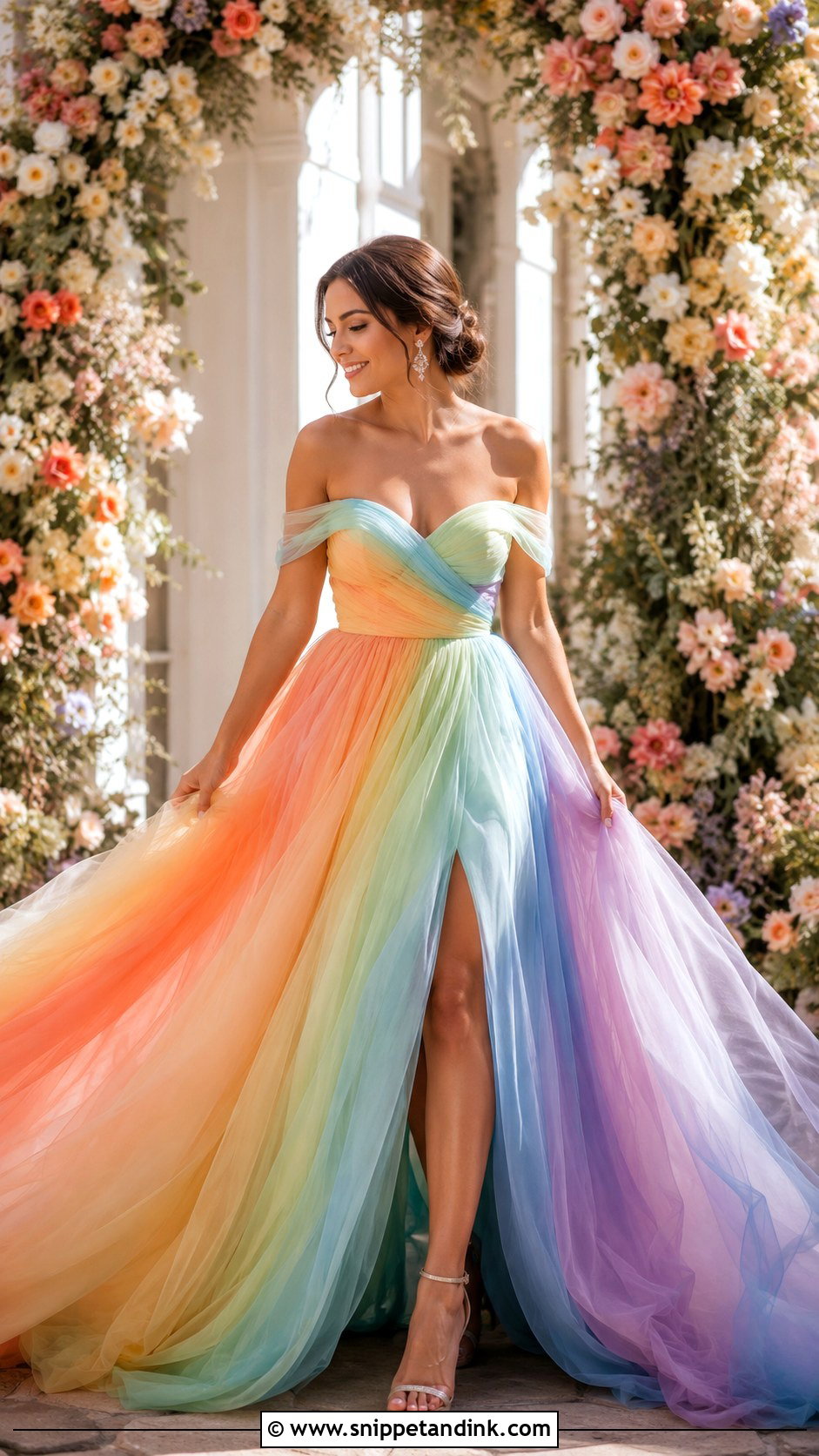 Rainbow Off Shoulder Wedding Dress - Snippet and Ink - 25 Rainbow Wedding Dress Ideas
