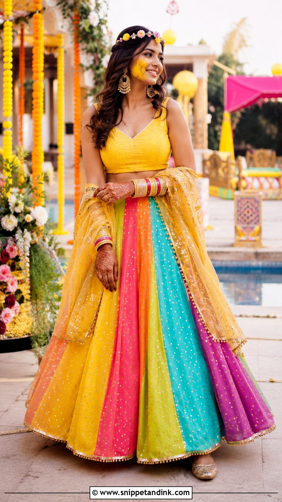 Rainbow Panel Lehenga Haldi Outfit - Snippet and Ink - 20 Colourful Haldi Outfit Ideas