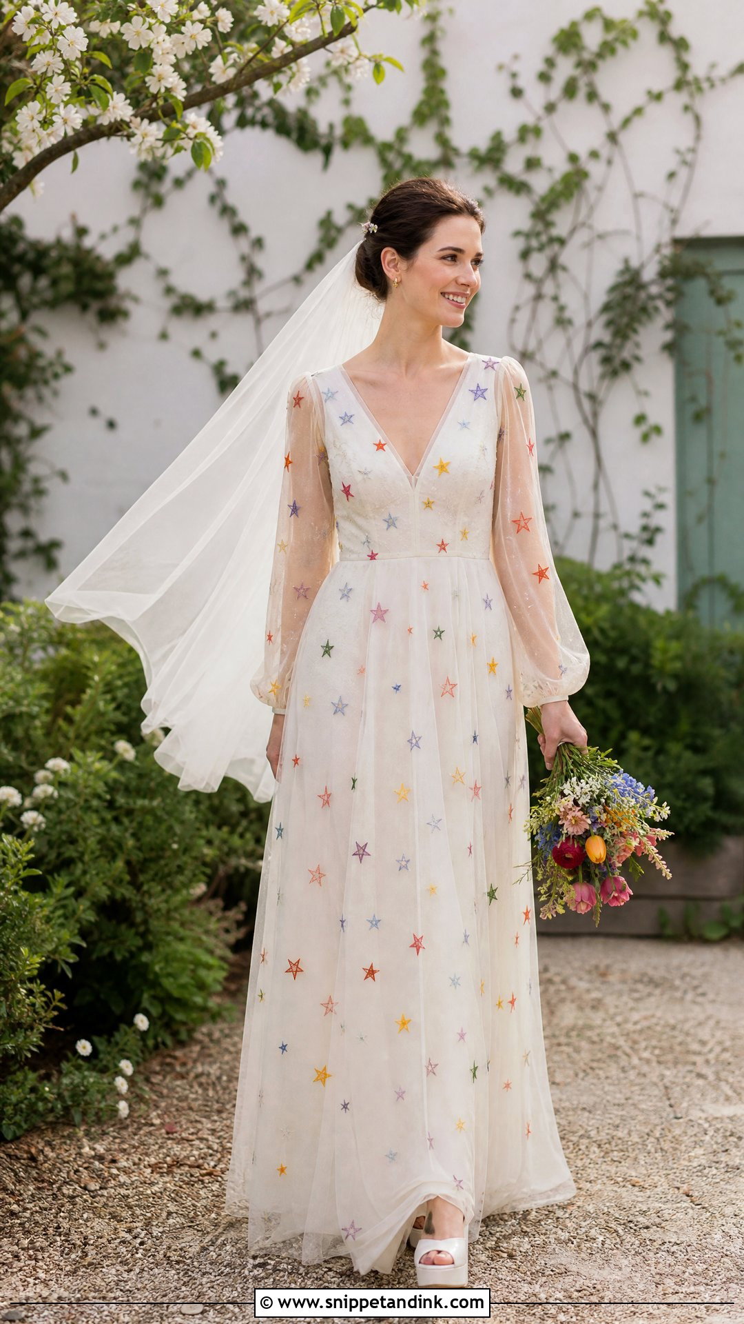Rainbow Star Embroidered Wedding Dress - Snippet and Ink - 20 Starry Wedding Dress Ideas