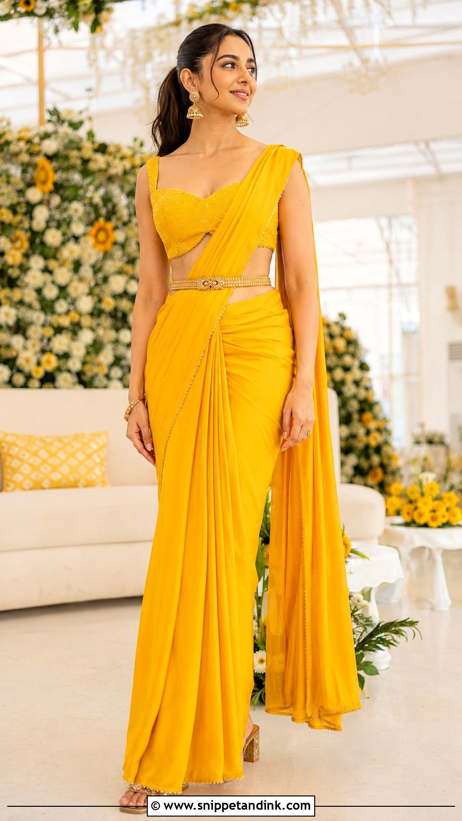 Rakul Preet Singh Pre Draped Saree Haldi Outfit - Snippet and Ink - 20 Celebrity Haldi Outfit Ideas