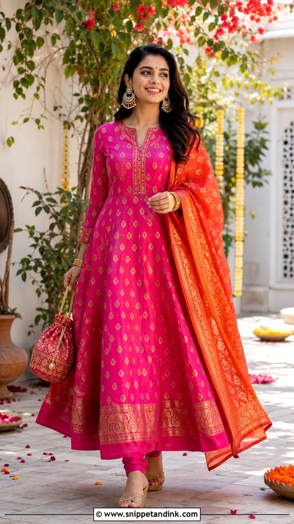 Rani Pink Banaras Anarkali Dress With Contrast Dupatta - Snippet and Ink - 20 Banaras Anarkali Dresses