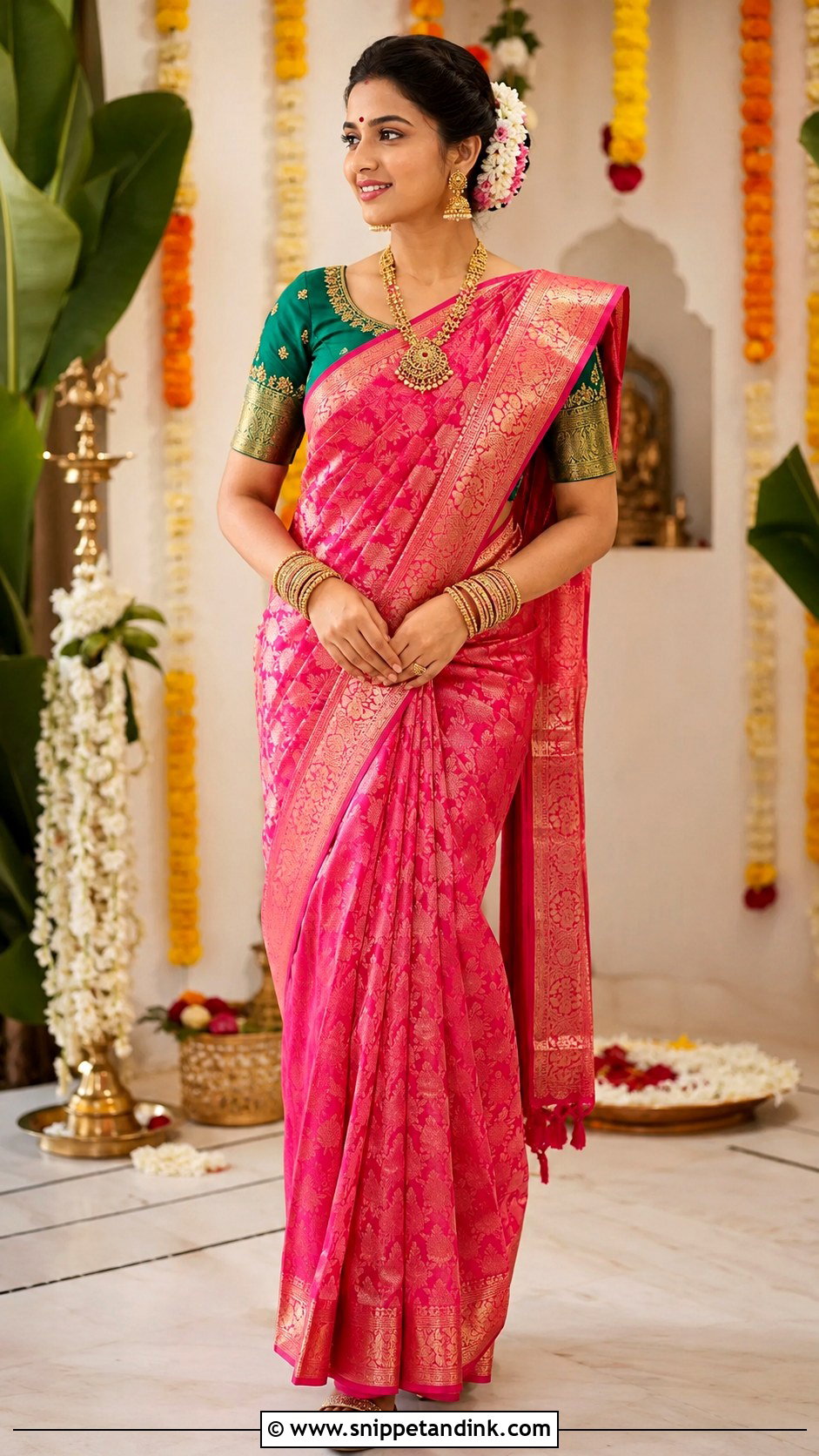 Rani Pink Banarasi Saree Grahshanti Outfit - Snippet and Ink - 20 Grahshanti Outfit for Bridal Ideas