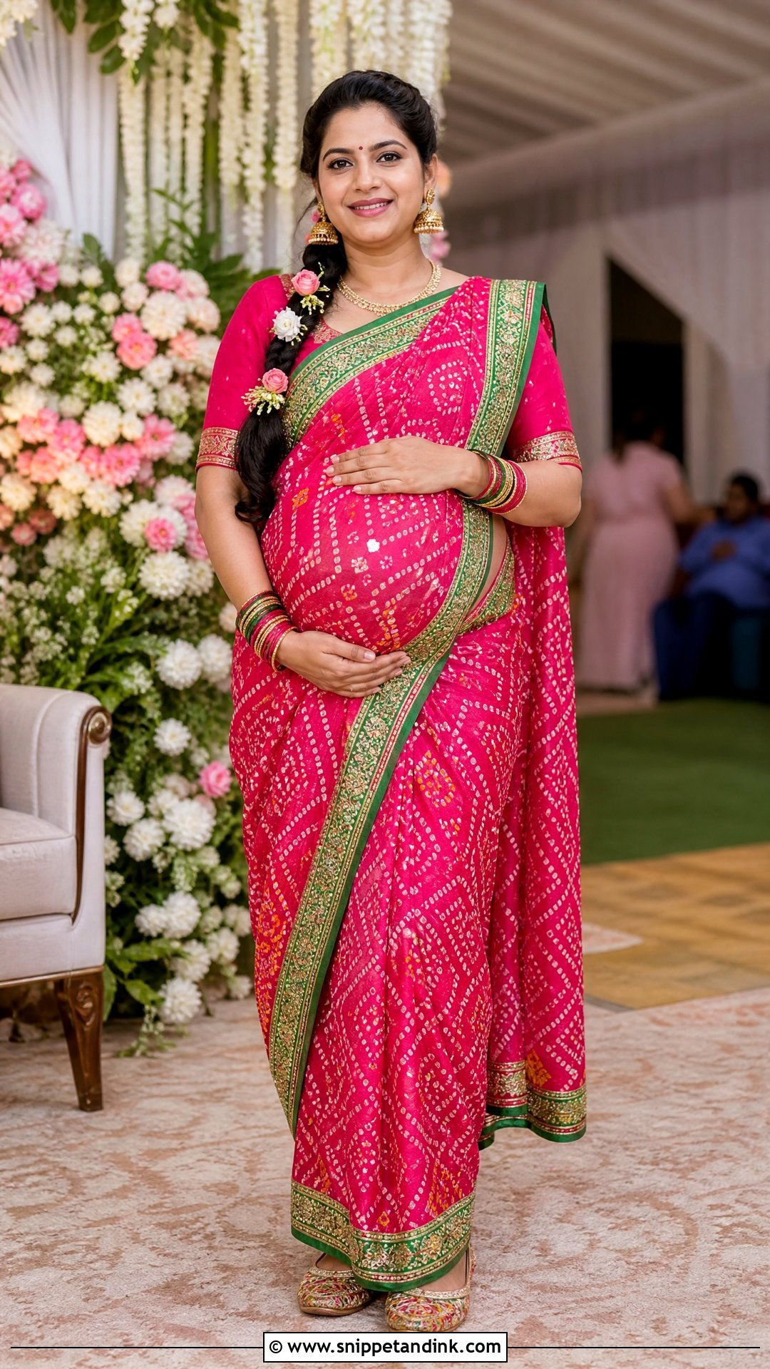 Rani Pink Bandhani Saree Godbharai Look - Snippet and Ink - 25 Godbharai Look Ideas