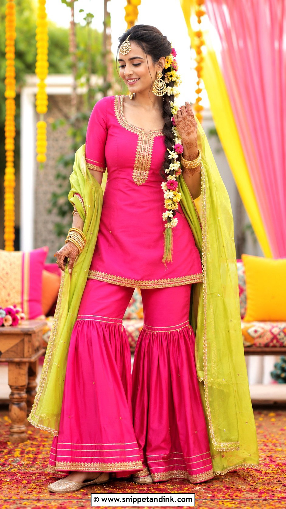 Rani Pink Gharara For Mehndi - Snippet and Ink - 20 Indian Pre Wedding Dress Ideas