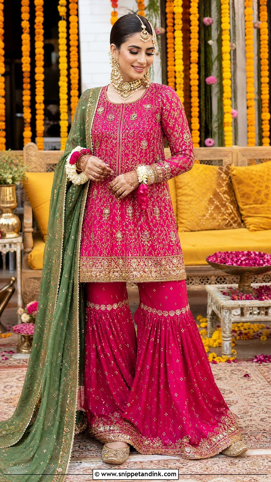 Rani Pink Gharara Mehndi Outfit - Snippet and Ink - 25 Mehndi Function Dress Outfit for Bride Ideas