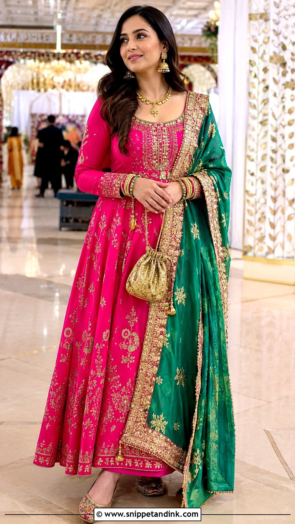 Rani Pink Heavy Anarkali With Green Dupatta - Snippet and Ink - 20 Heavy Dress for Wedding Ideas