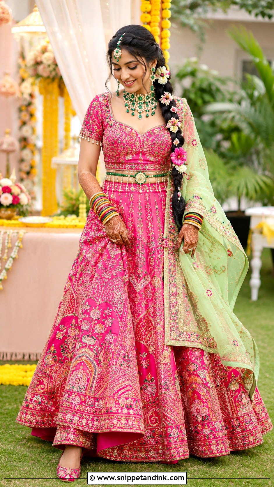 Rani Pink Lehenga Mehndi Bride Outfit - Snippet and Ink - 20 Haldi Mehndi Outfit for Bride Ideas