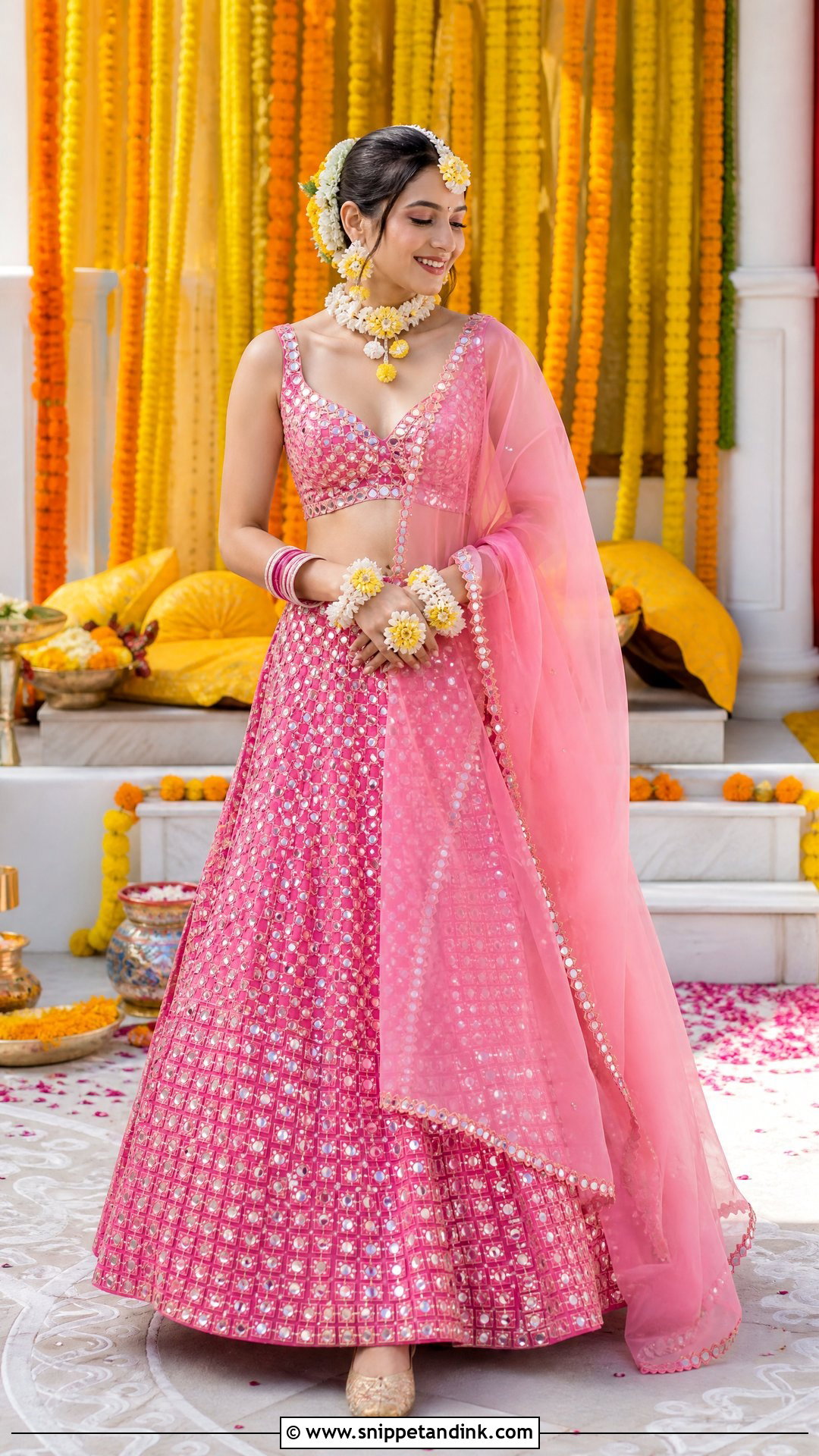 Rani Pink Lehenga With Floral Jewelry - Snippet and Ink - 20 Pink Haldi Outfit for Bride Ideas