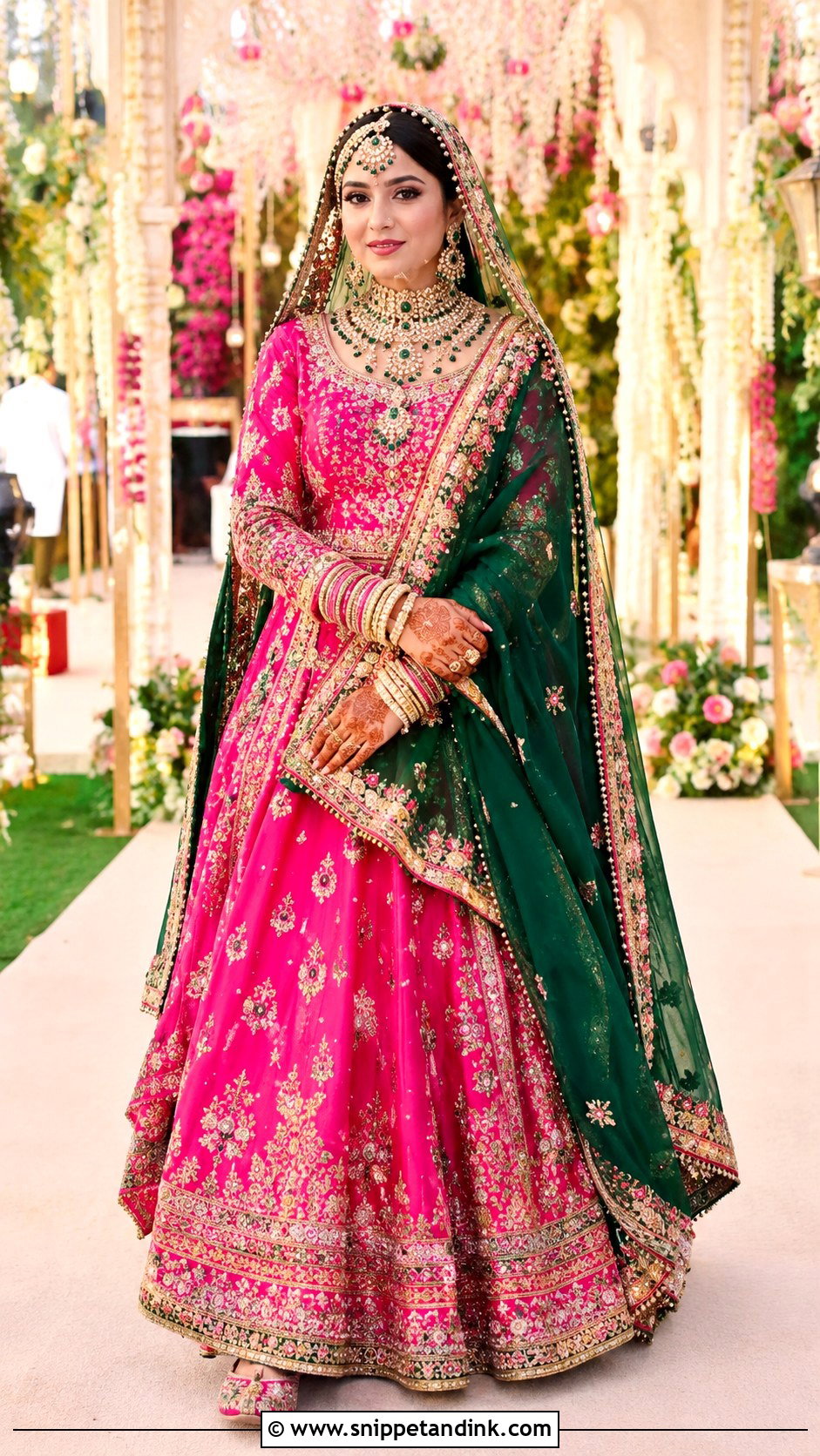 Rani Pink Lehenga With Green Dupatta - Snippet and Ink - 30 Indian Muslim Bridal Dress Ideas