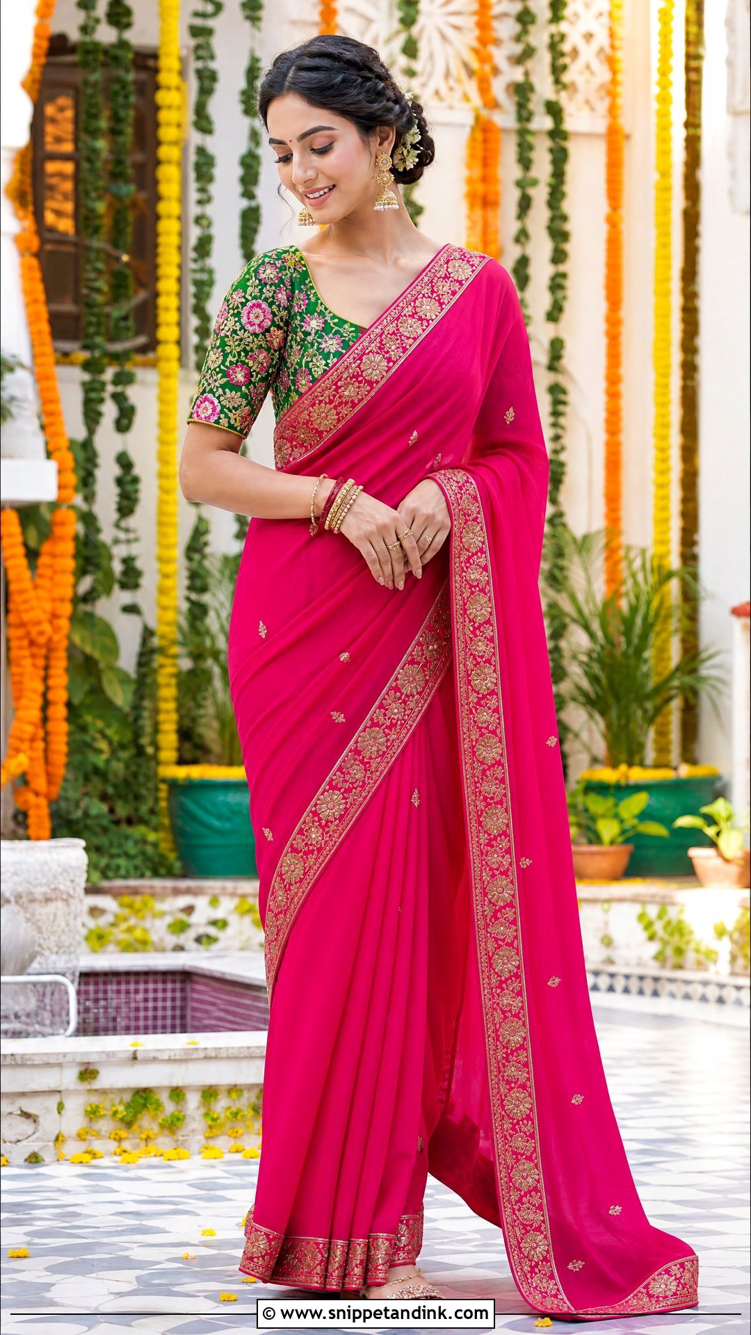 Rani Pink Mehendi Saree - Snippet and Ink - 20 Pink Mehendi Outfit Ideas