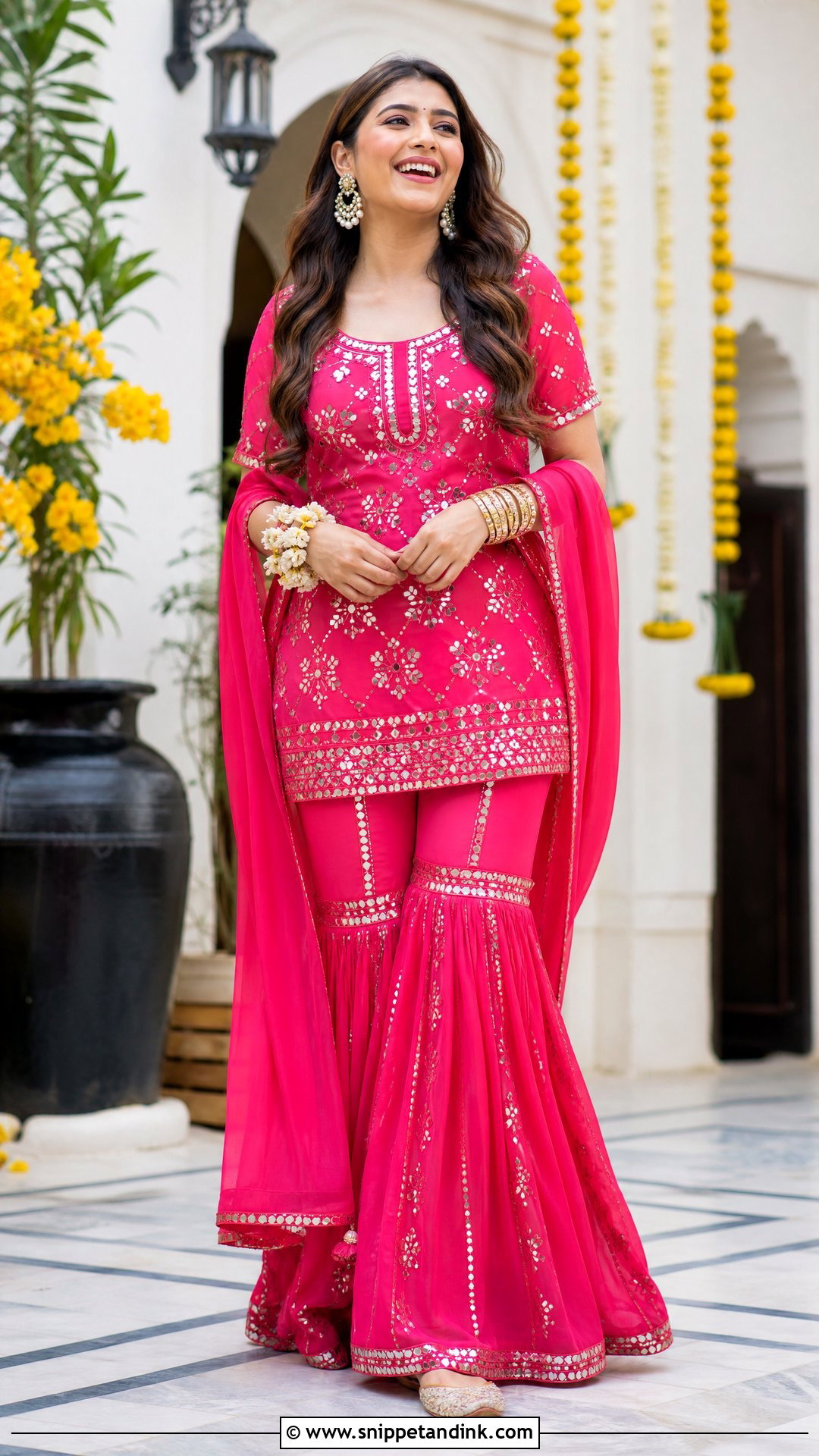 Rani Pink Mirror Work Sharara For Haldi - Snippet and Ink - 20 Pink Haldi Outfit Ideas