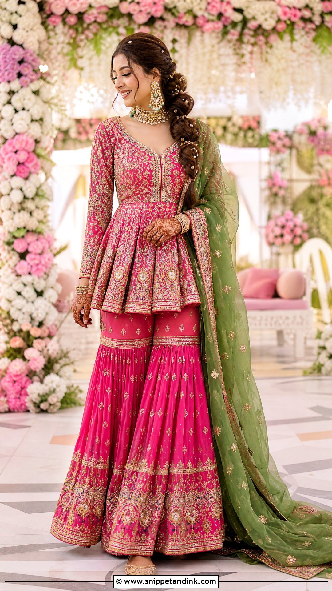 Rani Pink Peplum Sharara Mehendi Outfit - Snippet and Ink - 20 Indian Bridal Mehendi Outfits