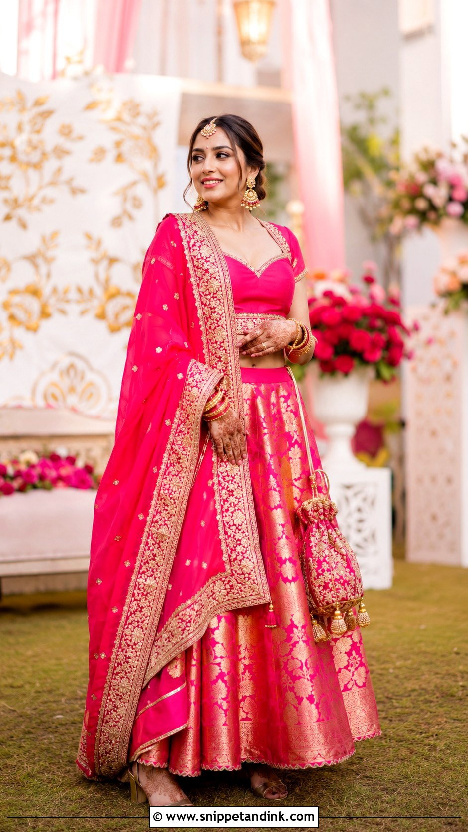 Rani Pink Punjabi Wedding Lengha With Gold Jewelry - Snippet and Ink - 25 Punjabi Wedding Lengha Ideas