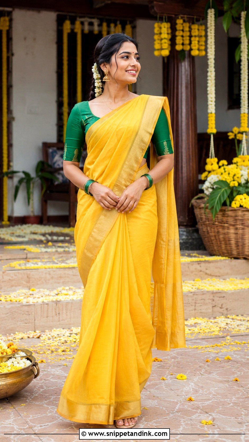 Rashmika Mandanna Yellow Silk Saree Haldi Outfit - Snippet and Ink - 20 Celebrity Haldi Outfit Ideas
