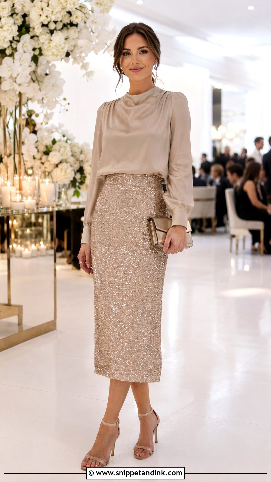 Reception Marriage Outfit With Sequin Midi Skirt - Snippet and Ink - 25 Marriage Outfit Ideas