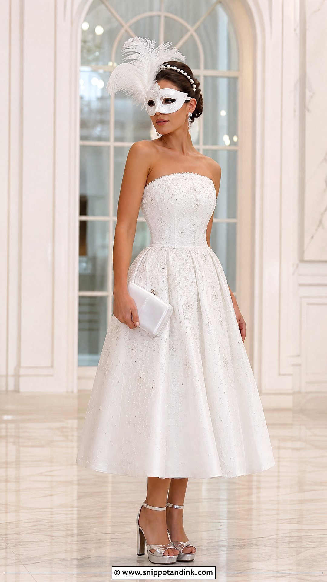 Reception Wedding Dress With Feathered Mask - Snippet and Ink - 20 Phantom of the Opera Wedding Dress Ideas