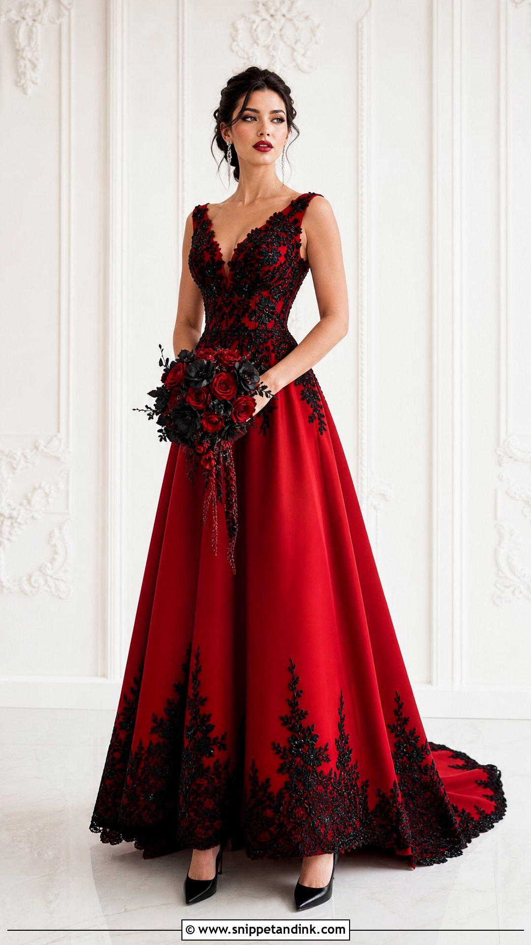 Red A Line Wedding Dress With Black Applique - Snippet and Ink - 25 Red and Black Wedding Dress Ideas