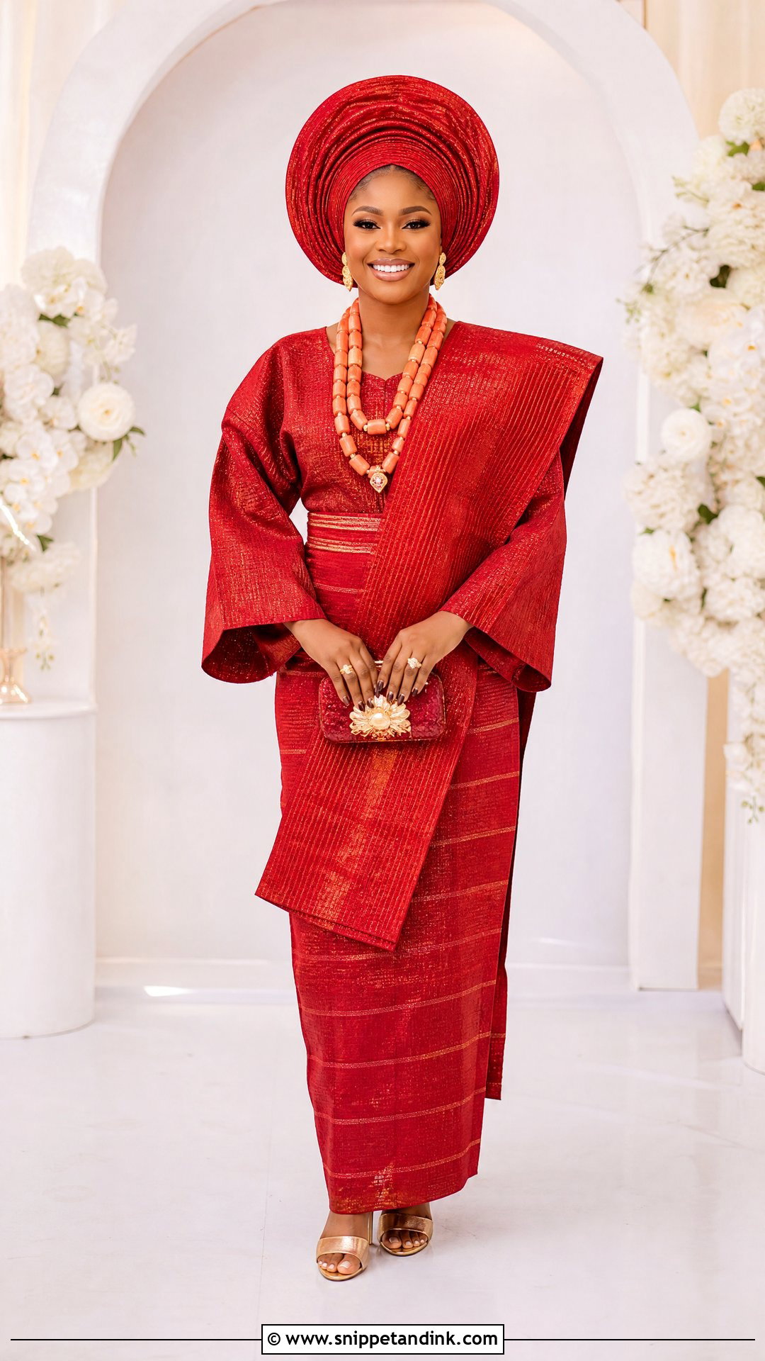 Red Alari Aso Oke Bridal Attire - Snippet and Ink - 25 Yoruba Bride Traditional Attire Ideas