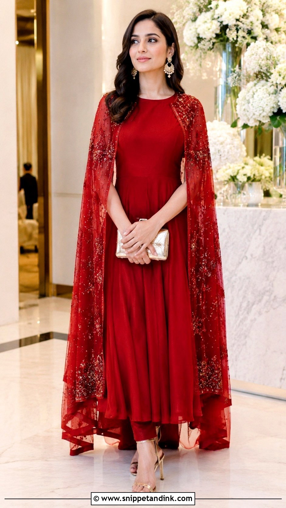 Red Anarkali Suit With Cape Dupatta - Snippet and Ink - 25 Red Anarkali Wedding Suits
