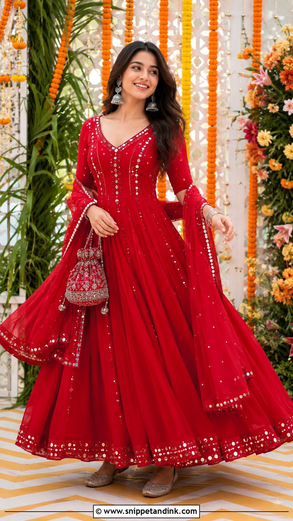 Red Anarkali Suit With Mirror Work - Snippet and Ink - 25 Red Anarkali Wedding Suits