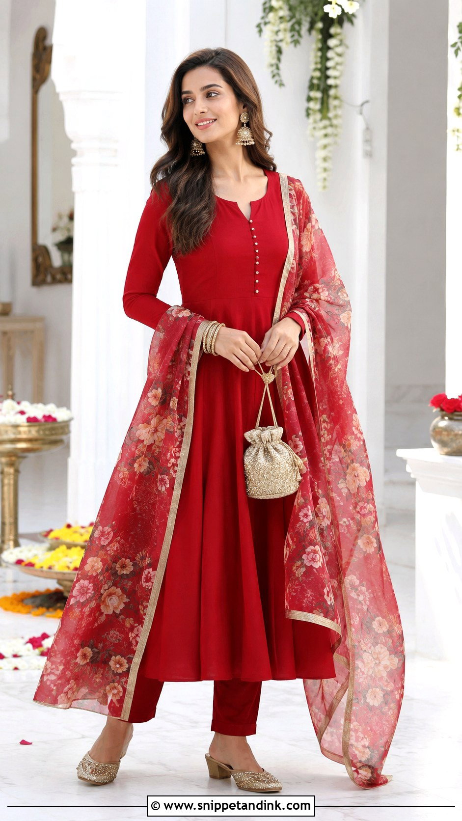 Red Anarkali Suit With Printed Dupatta - Snippet and Ink - 25 Red Anarkali Wedding Suits