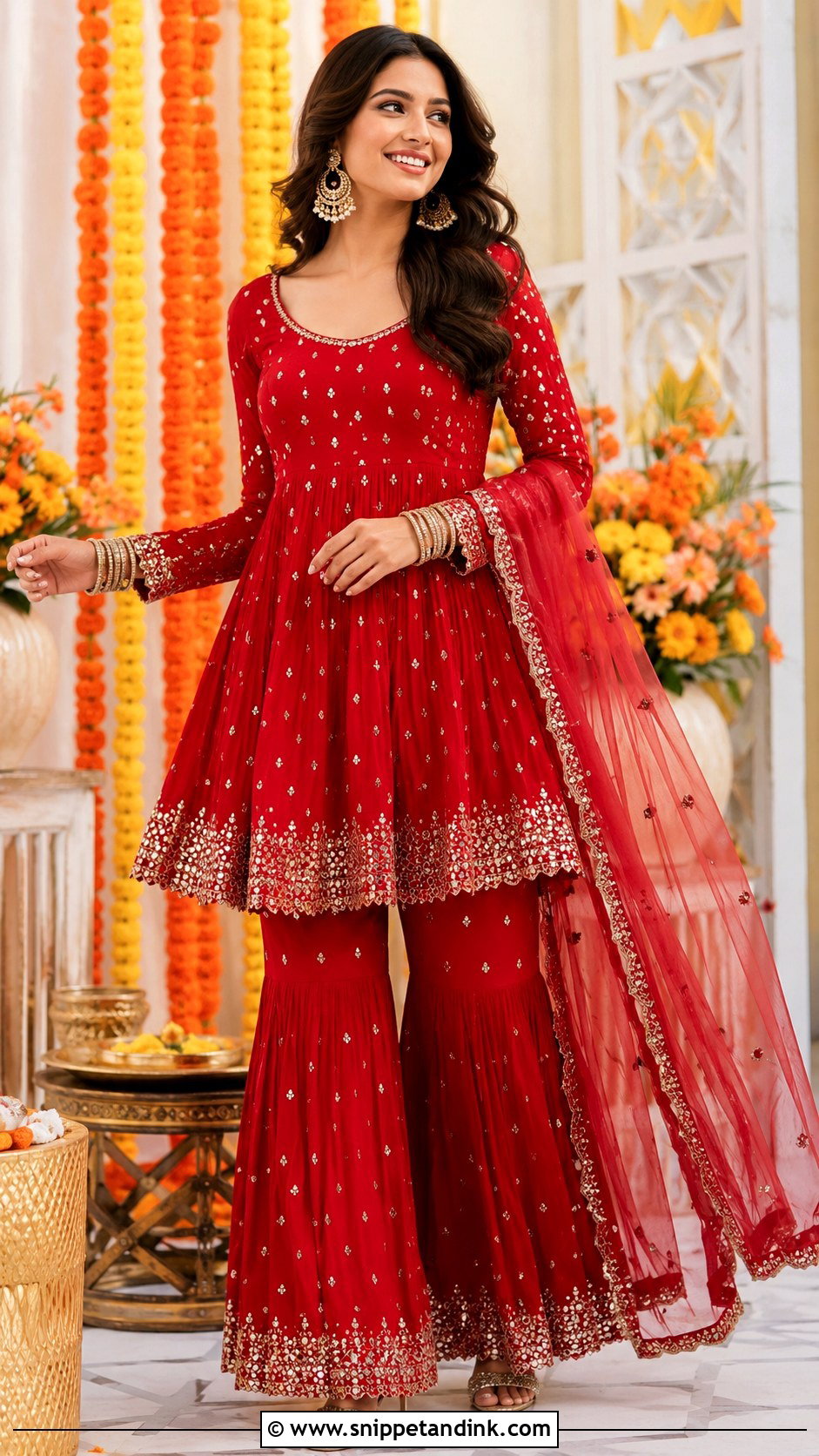Red Anarkali Suit With Sharara Bottom - Snippet and Ink - 25 Red Anarkali Wedding Suits