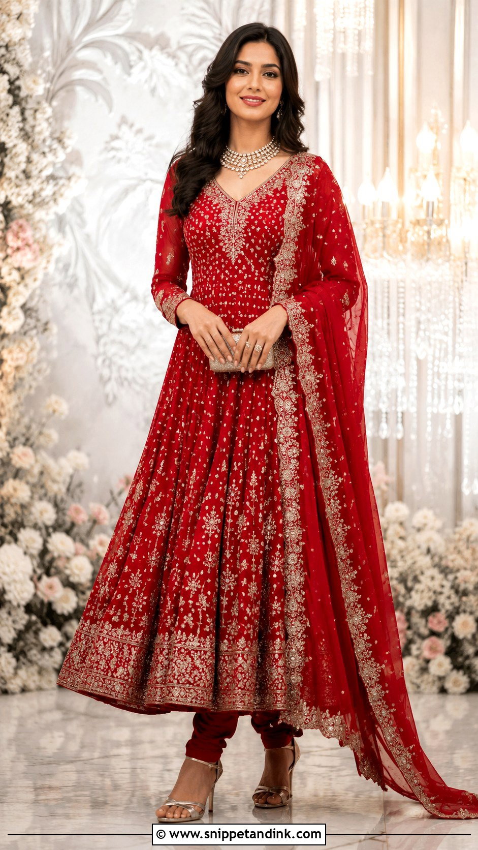 Red Anarkali Suit With V Neck - Snippet and Ink - 25 Red Anarkali Wedding Suits