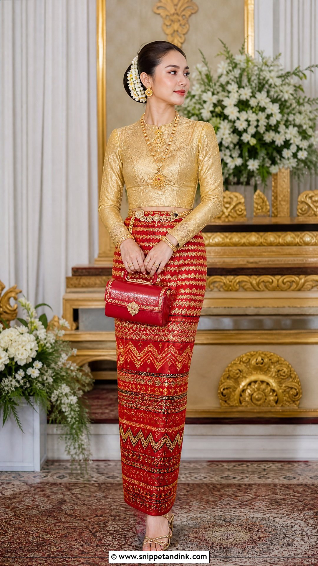 Red And Gold Acheik Myanmar Wedding Dress - Snippet and Ink - 25 Myanmar Wedding Dress Design Ideas