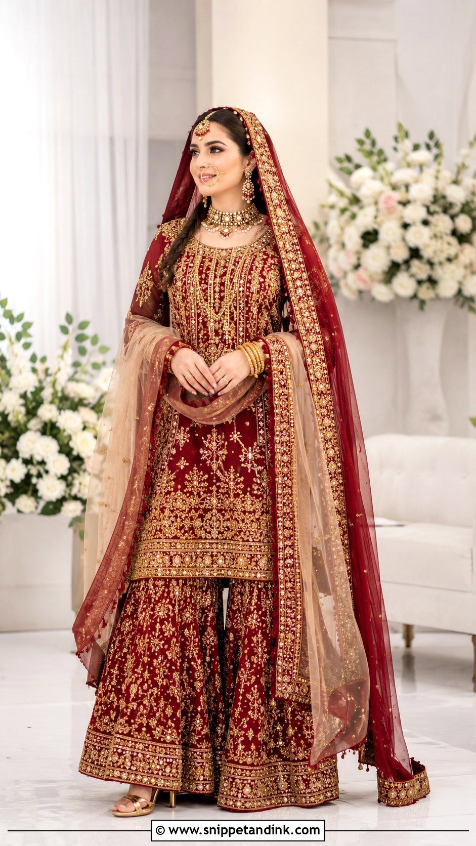 Red And Gold Barat Bridal Sharara - Snippet and Ink - 20 Barat Bridal Dress Ideas