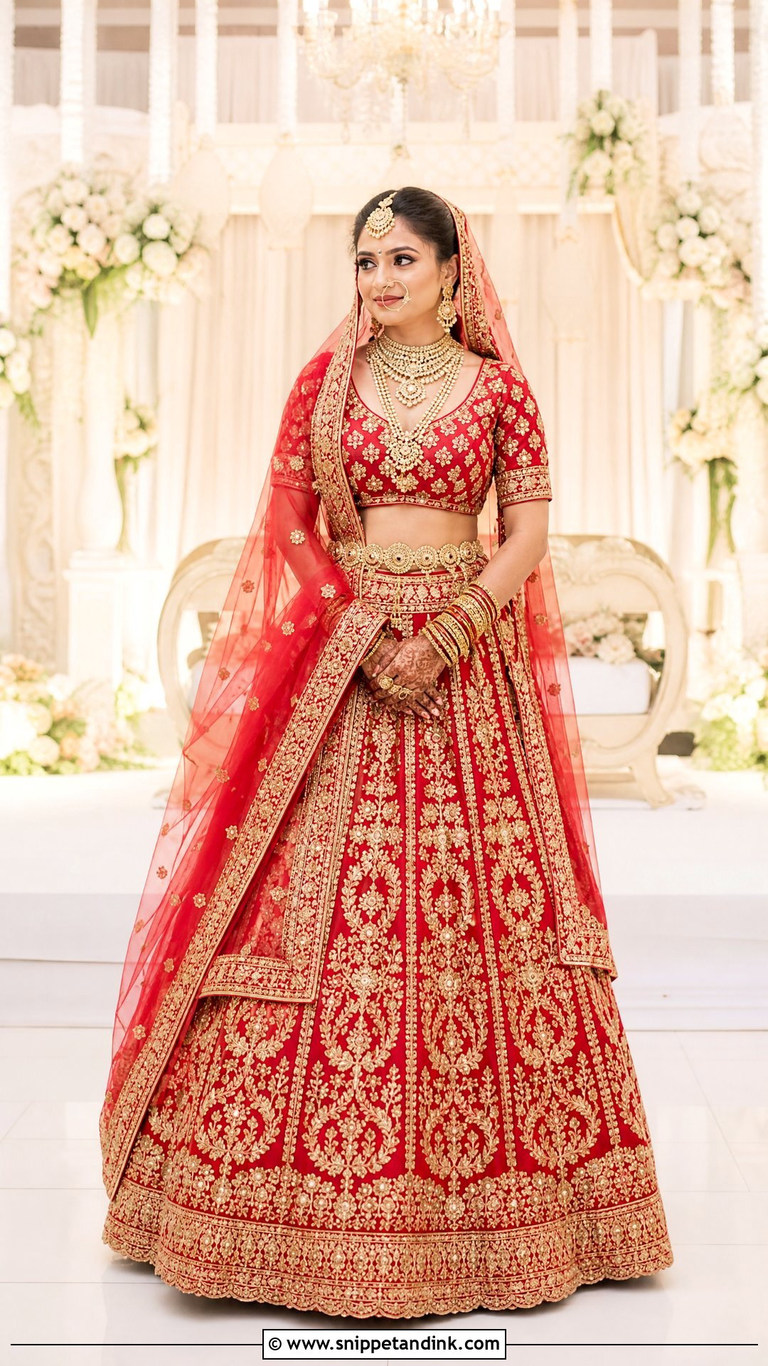 Red And Gold Bridal Lehenga With Traditional Jewelry - Snippet and Ink - 20 Red Bridal Outfit Ideas