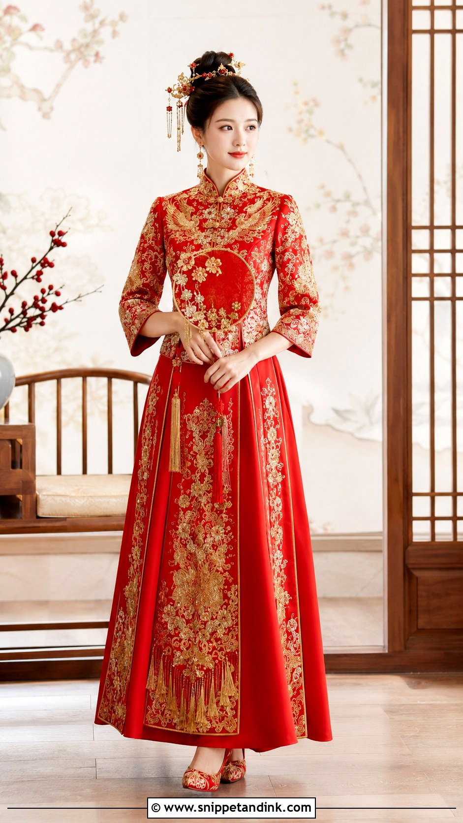 Red And Gold Chinese Bridal Outfit - Snippet and Ink - 25 Traditional Chinese Wedding Dress Ideas