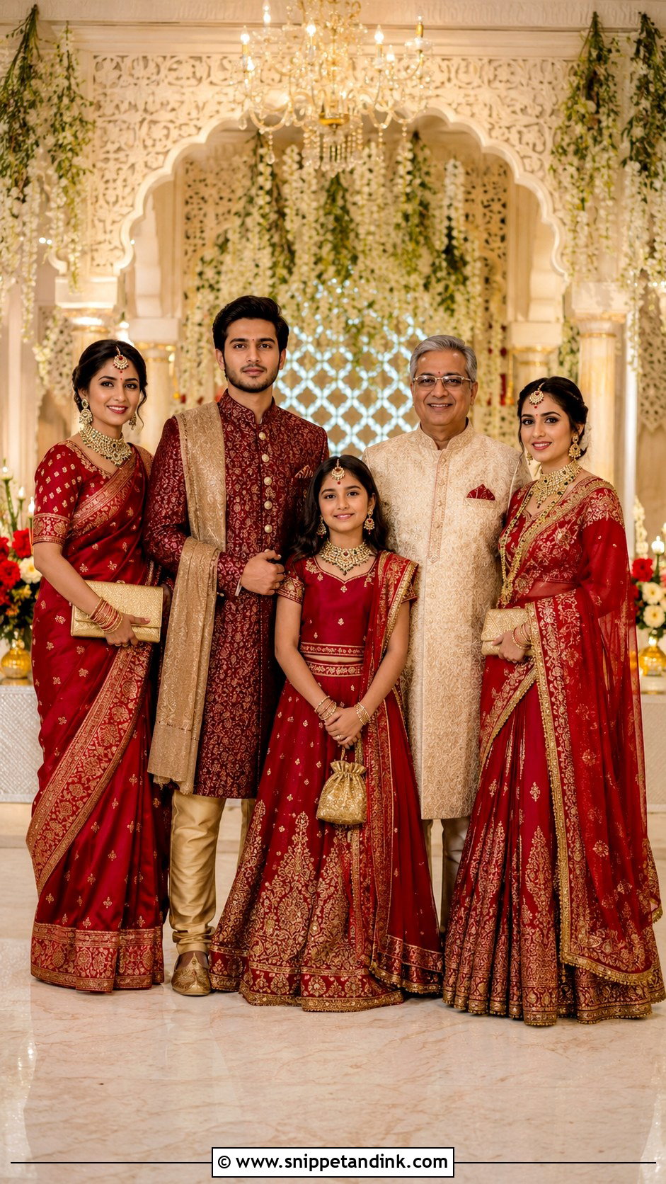 Red And Gold Indian Wedding Family Outfits - Snippet and Ink - 25 Indian Wedding Family Matching Outfits