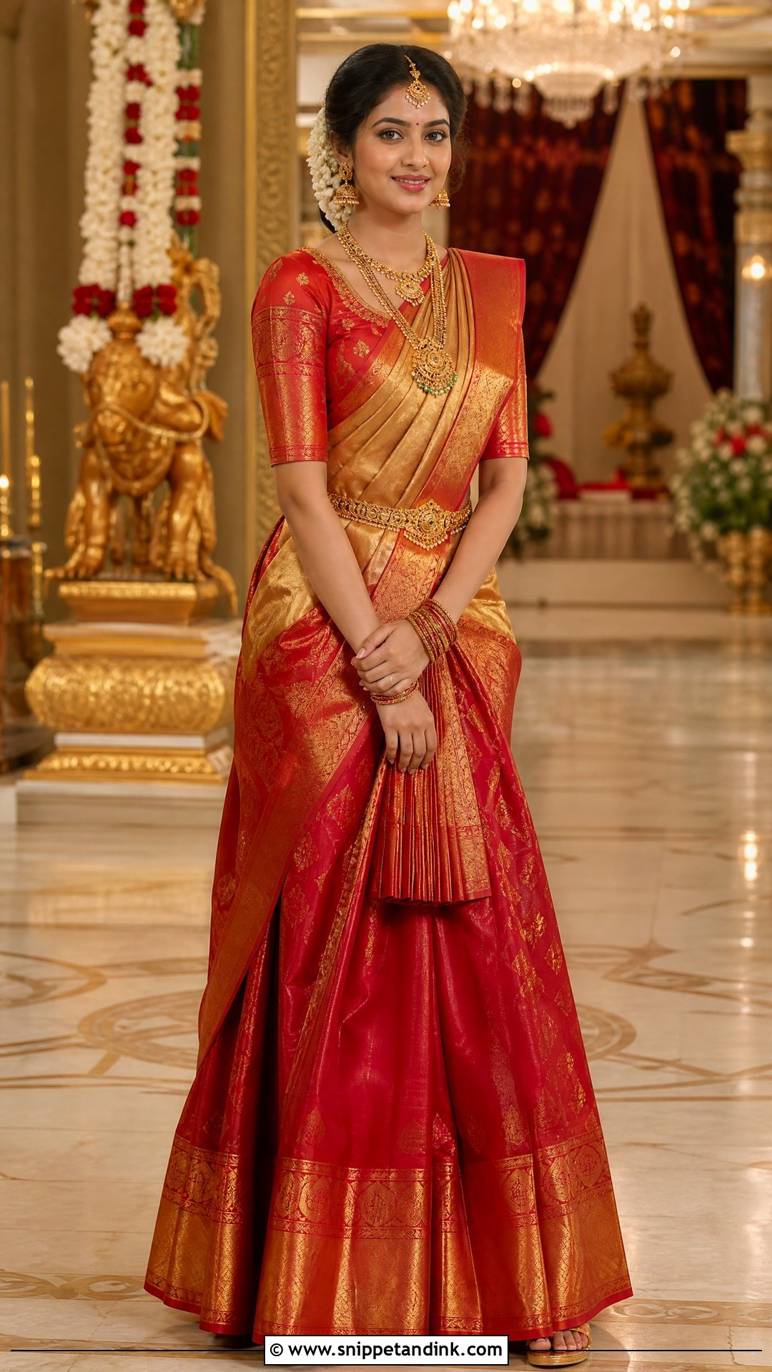 Red And Gold Kanjeevaram Thavani - Snippet and Ink - 20 Thavani Styles for Wedding