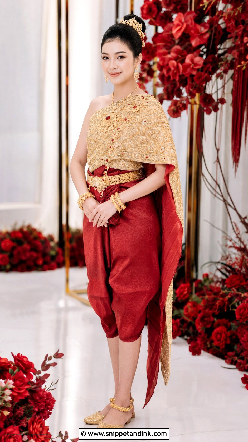 Red And Gold Khmer Wedding Outfit - Snippet and Ink - 20 Khmer Wedding Outfits