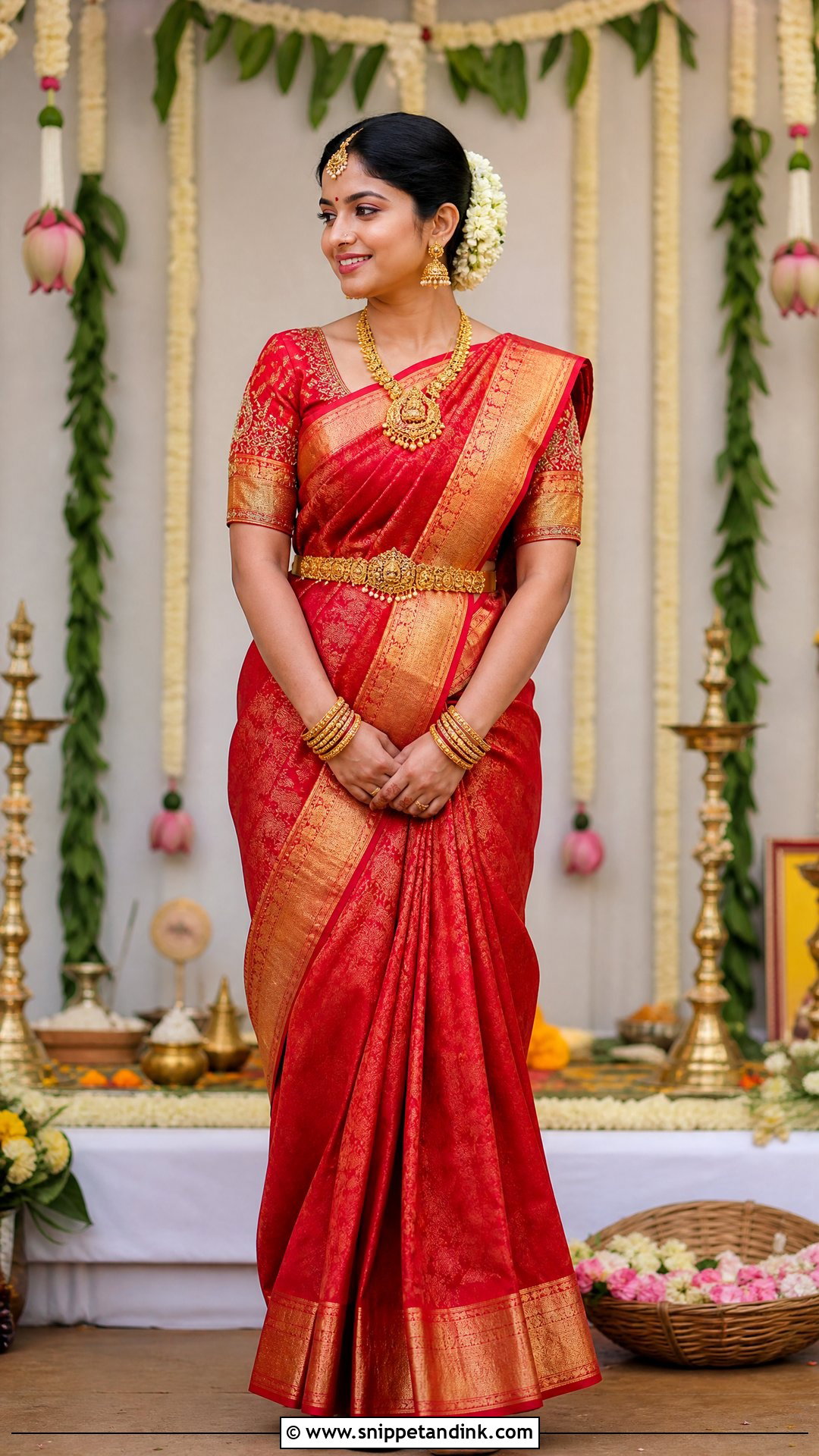 Red And Gold Saree Pellikuthuru Look - Snippet and Ink - 20 Pellikuthuru Look Ideas