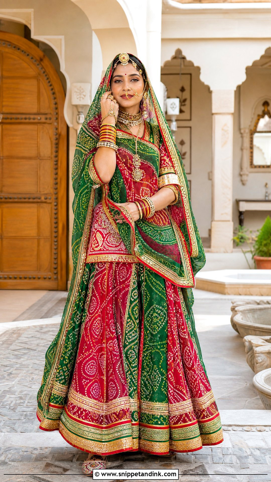 Red And Green Bandhani Rajputi Bridal Look - Snippet and Ink - 20 Rajputi Bridal Look Ideas