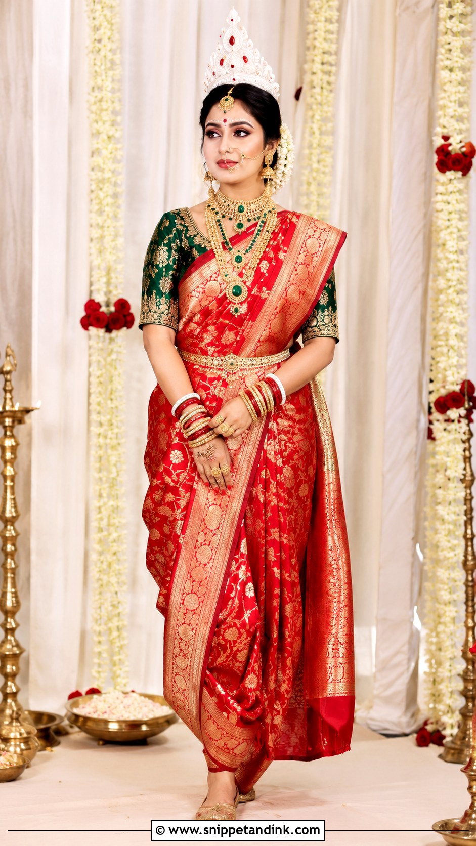 Red And Green Bengali Bridal Saree Look - Snippet and Ink - 20 Bengali Bride Wedding Look Ideas