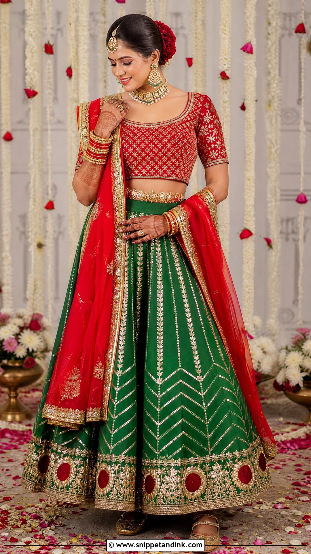 Red And Green Gota Patti Lehenga Mehndi Outfit - Snippet and Ink - 25 Mehndi Function Dress Outfit for Bride Ideas