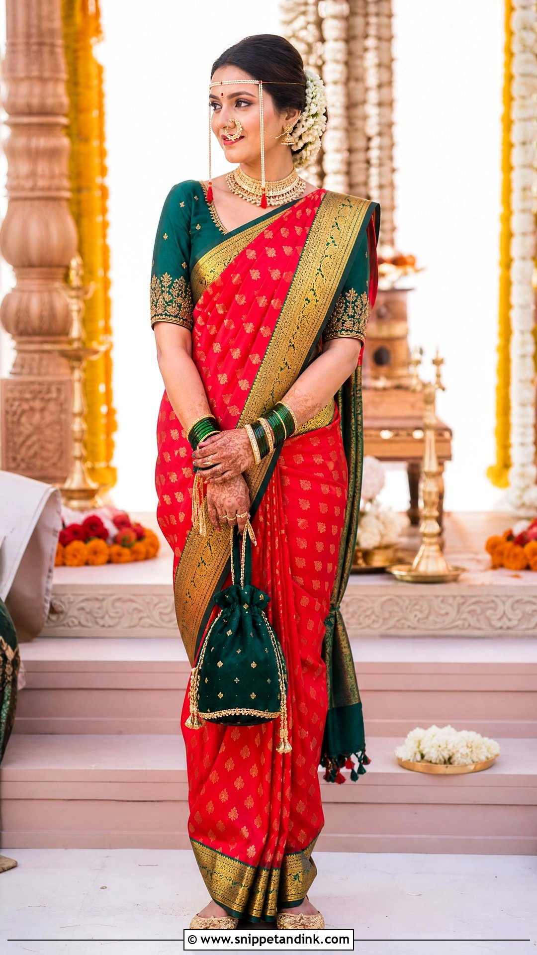 Red And Green Marathi Bride Look - Snippet and Ink - 20 Simple Marathi Bride Look Ideas