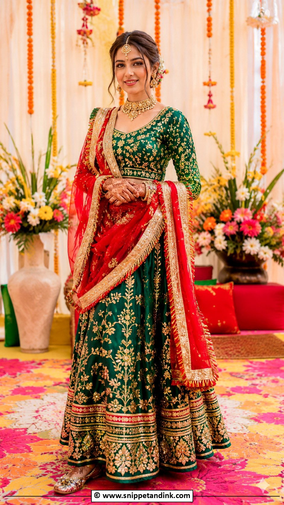 Red And Green Mehandi Outfit For Bride - Snippet and Ink - 30 Mehandi Outfits Brides