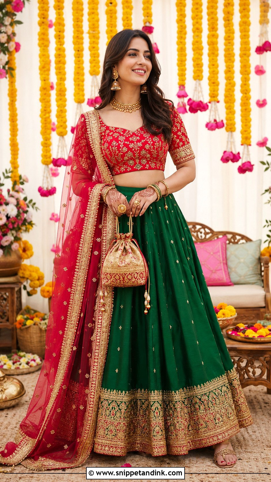 Red And Green Mehendi Outfit - Snippet and Ink - 30 Mehendi Dress Outfits
