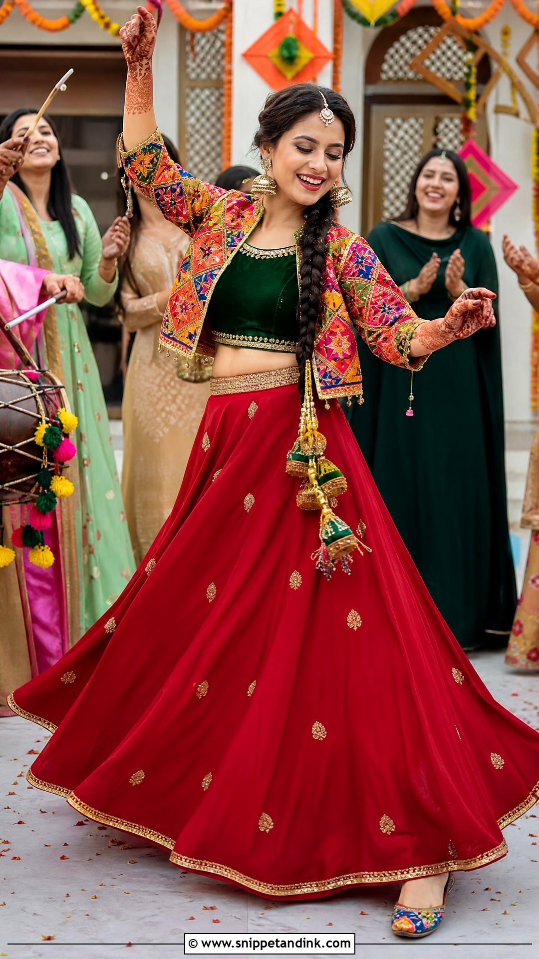 Red And Green Phulkari Mehendi Outfit - Snippet and Ink - 20 Indian Bridal Mehendi Outfits