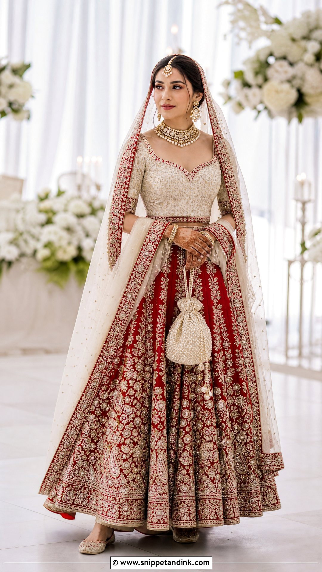 Red And Ivory Bridal Lehenga With Pearl Jewelry - Snippet and Ink - 20 Red Bridal Outfit Ideas