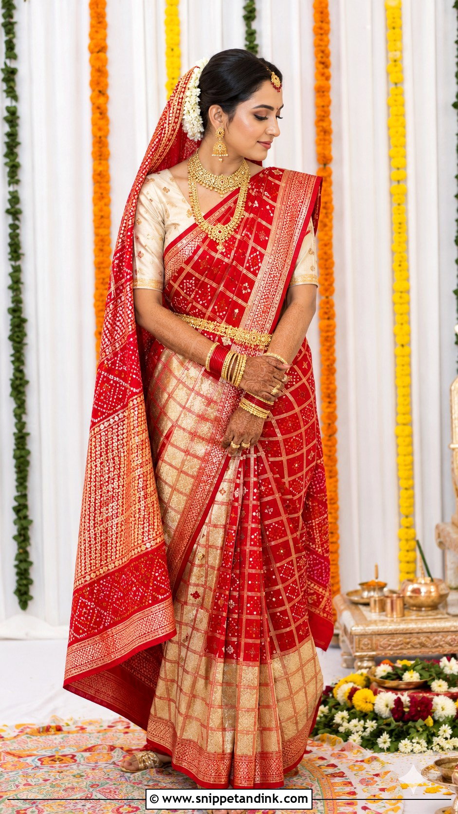 Red And Ivory Gharchola Saree Grahshanti Outfit - Snippet and Ink - 20 Grahshanti Outfit for Bridal Ideas