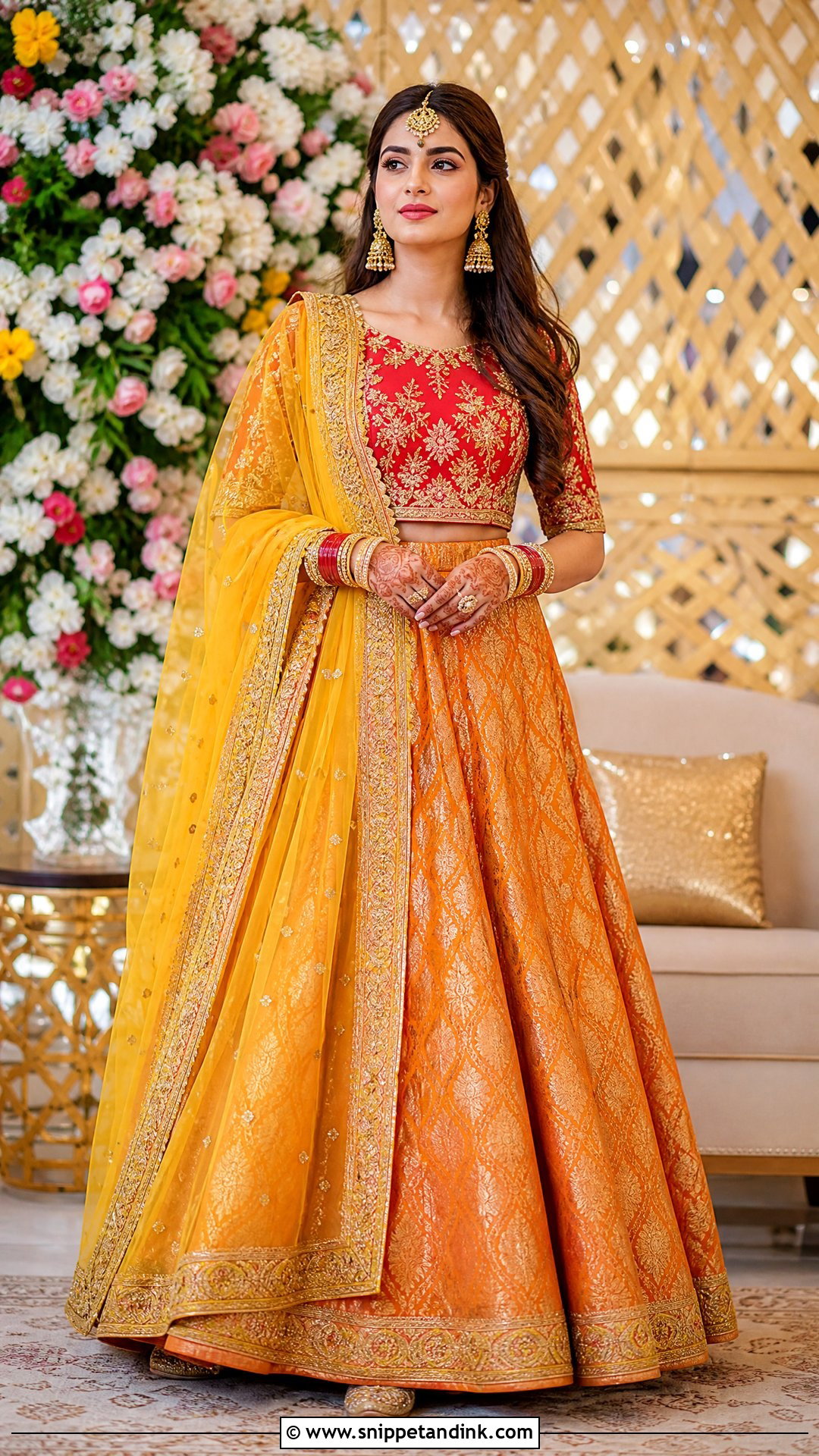 Red And Orange Banarsi Mehndi Lehenga - Snippet and Ink - 20 Pakistani Bridal Mehndi Dress Ideas