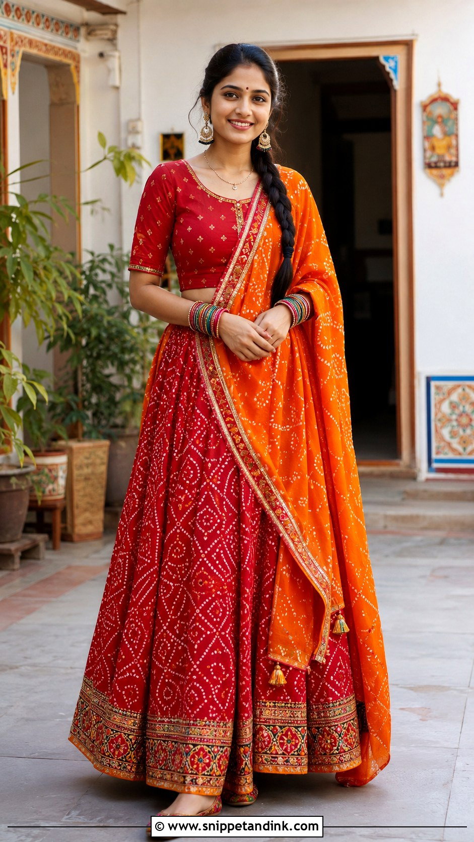 Red And Orange Chaniya Choli Grah Shanti Outfit - Snippet and Ink - 20 Grah Shanti Outfit Ideas